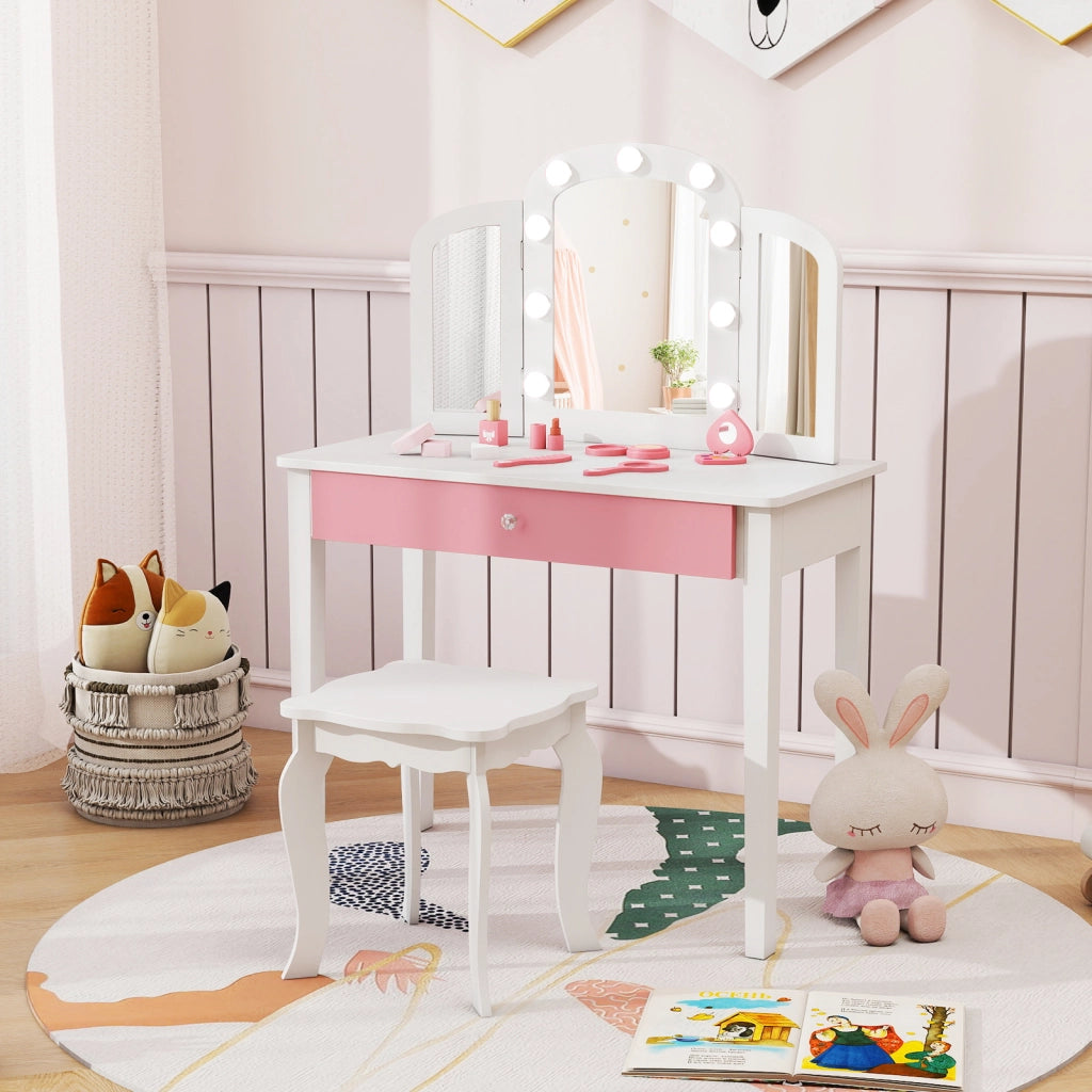 Set tavolo trucco bambini 2 in 1 principessa specchio 3 pieghe luci led-Set sgabello legno bambine 3+ anni gioco creativo regalo Bianco