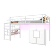 Letto a soppalco 90x200 in metallo con scale contenitore e luci LED bianco