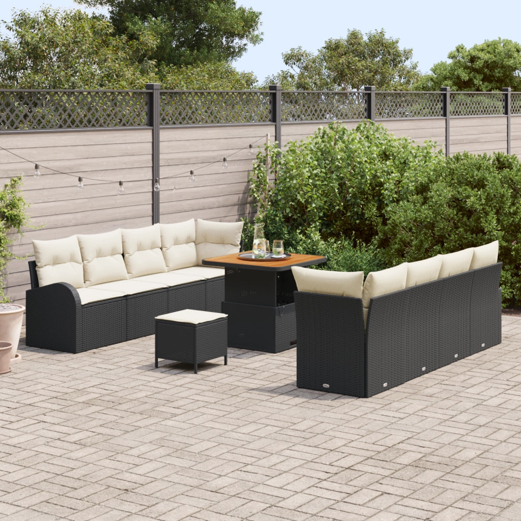 Set di divani da giardino  11 pezzi con cuscini in polyrattan nero e acacia