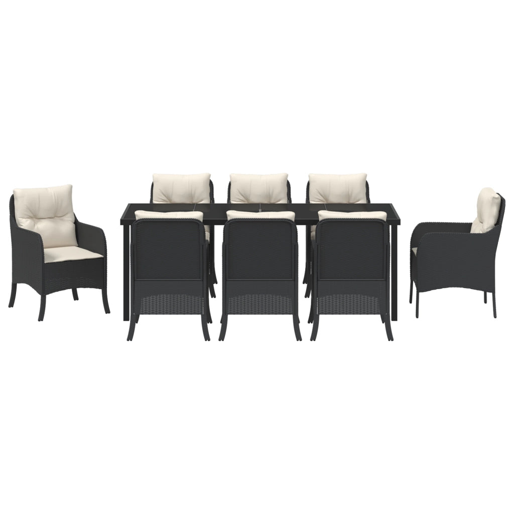 Set da Pranzo da Giardino 9 Pezzi con Cuscini Nero Rattan Polare