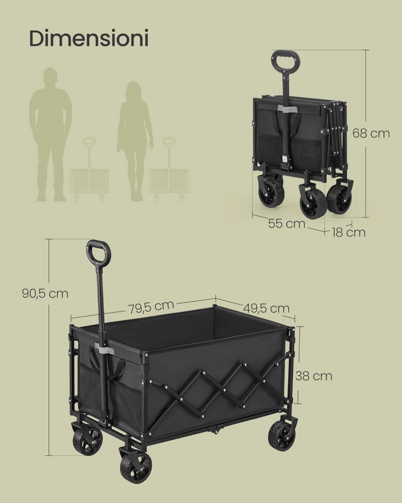 SONGMICS Carrello Pieghevole Piccolo, Carrello da Giardino, Compatto, con Manico, 4 Ruote Rinforzate di cui 2 Universali, per Esterni, Giardino, Portante di 120 kg, 150 L, Nero Inchiostro GFW150BH01