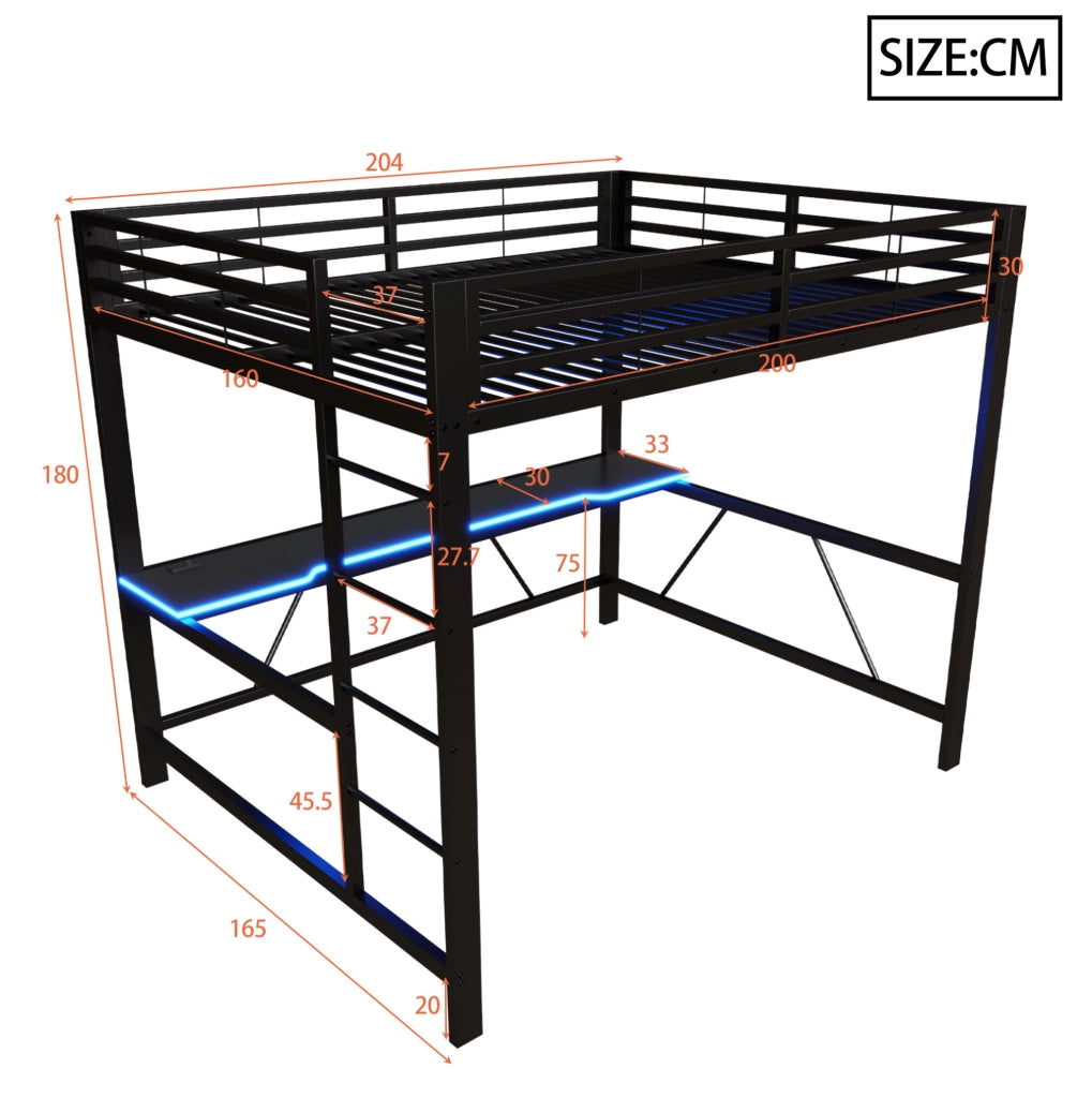 Letto a soppalco 160x200 cm con scrivania integrata; LED e struttura in metallo nero