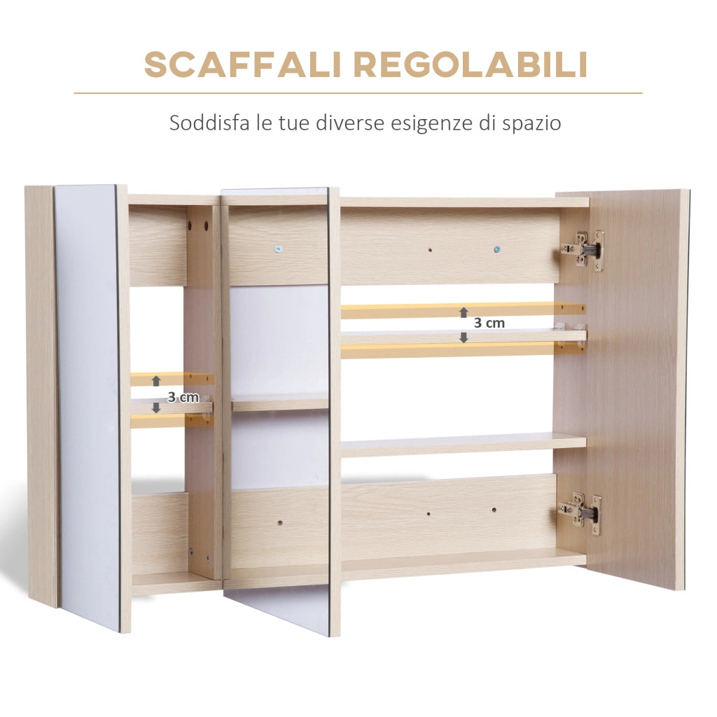 Specchio Contenitore Bagno 3 Ante ¨C Xylo ¨C Legno Bianco Rovere con Ripiani Regolabili 90x60 cm
