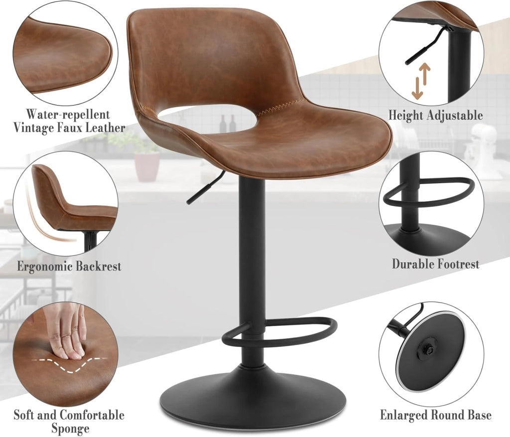 Set di 2 Sgabelli da Cucina, Sedie da Bar in PU, Sgabelli Altezza Regolabile, con Schienale, Seduta Imbottita Girevole a 360°, per Bistrot, Pub, Base in Metallo, Marrone