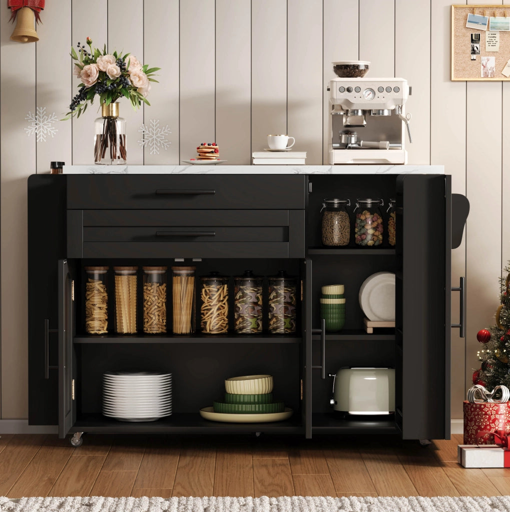 Carrello da cucina con piano pieghevole; cassetti e ante in vetro; MDF; nero