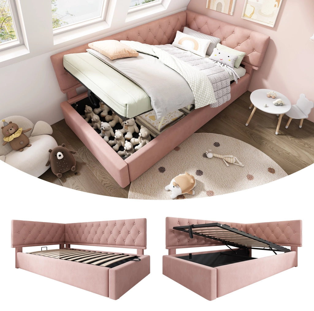 Letto imbottito 90x190 cm in velluto rosa con contenitore idraulico