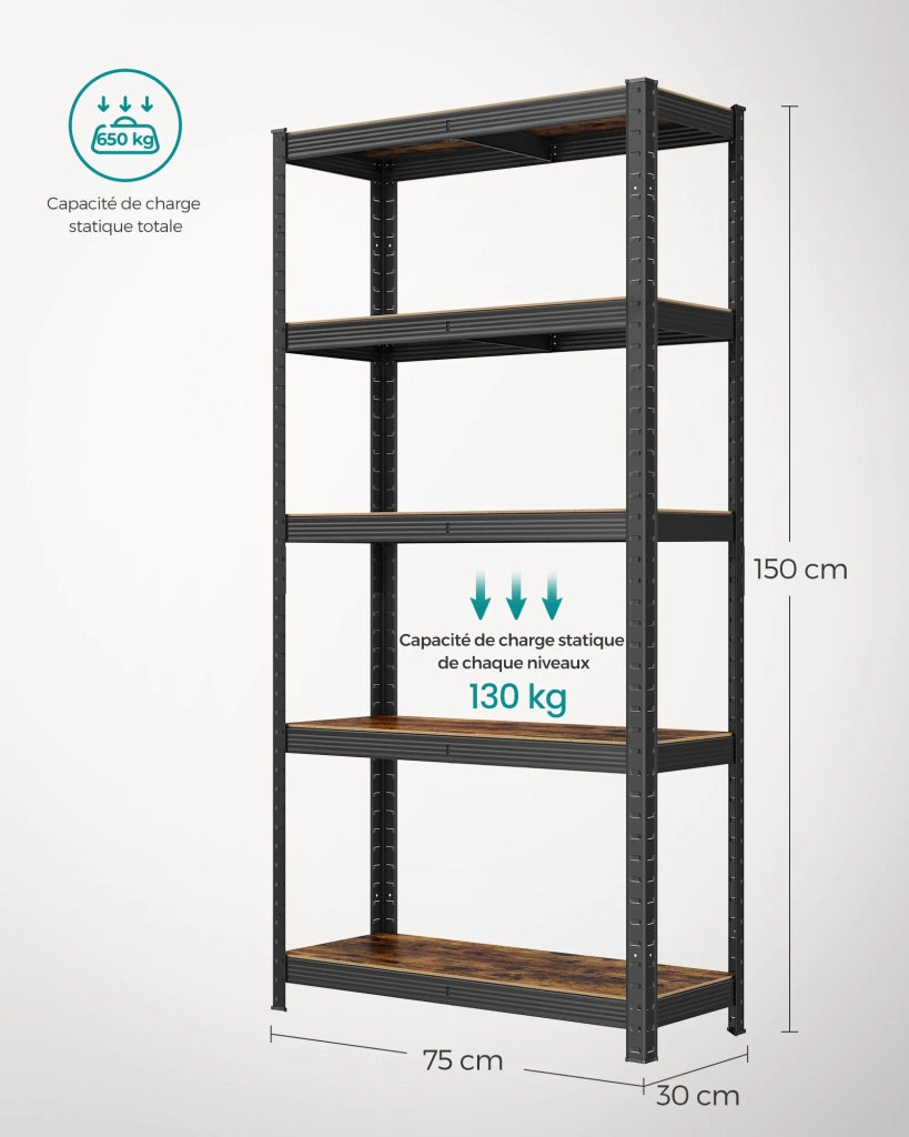 Scaffale robusto a 5 ripiani 150 x 75 x 30 cm portata totale 650 kg (130 kg/ripiano) stile industriale ripiani regolabili per soggiorno/cucina nero e marrone rustico 12_0005439