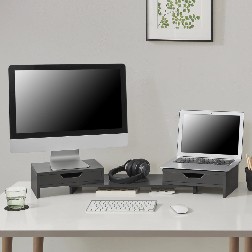 Supporto di Rialzo Monitor 'Marttila' Stand per 2 Schermi - Base con Cassetti - Grigio Scuro [en.casa]