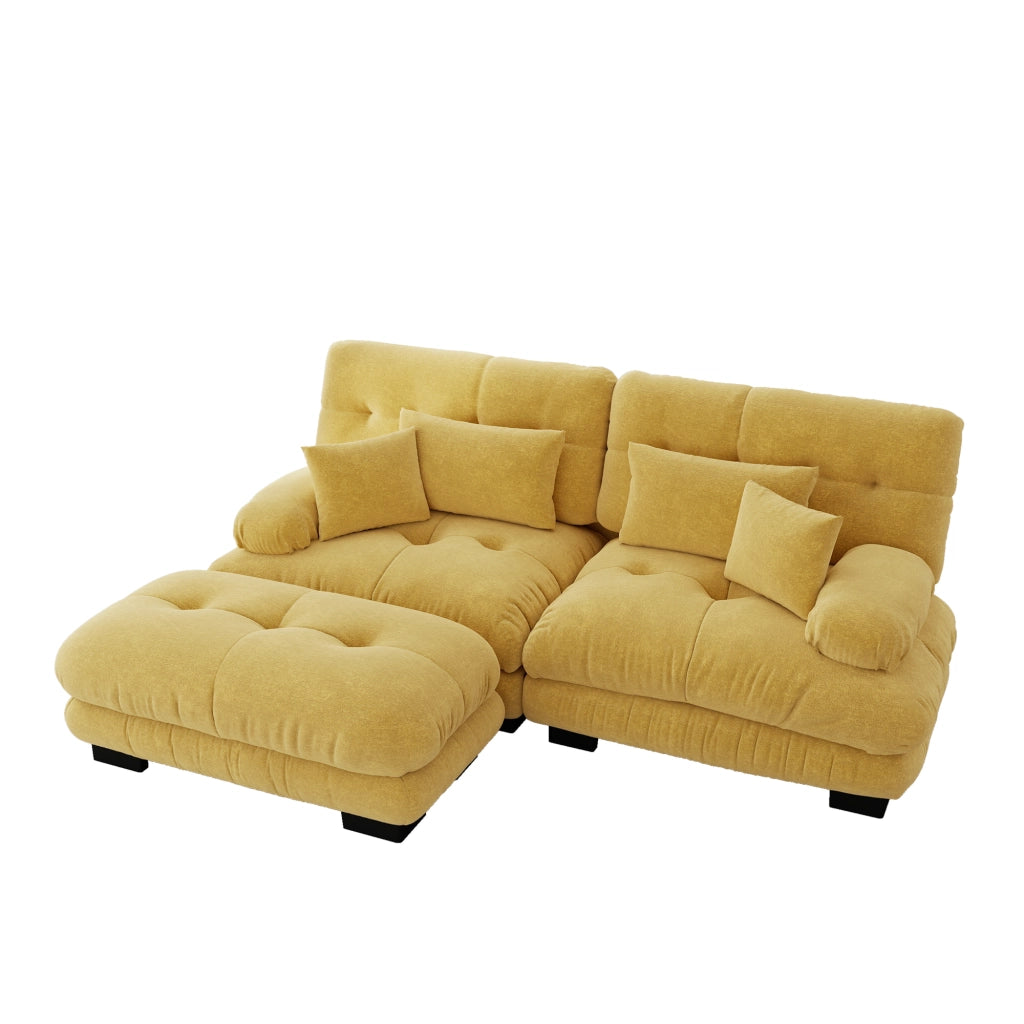 Divano angolare modulare in chenille con cuscini lombari e pouf, comfort profondo giallo 220 × 145 × 81 cm