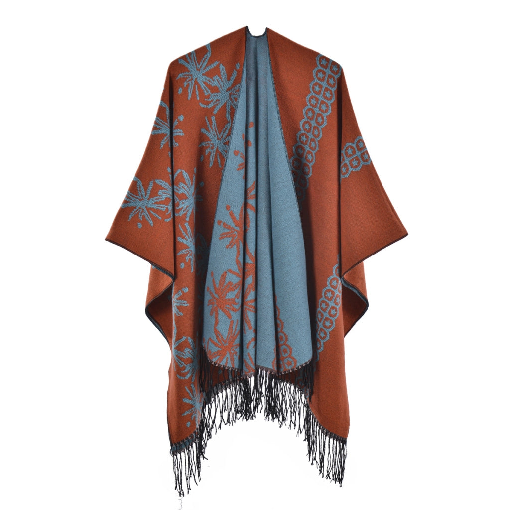 Mantella da donna double face con nappe, extra large e spessa, con spacchi, sciarpa lavorata a maglia alla moda e calda