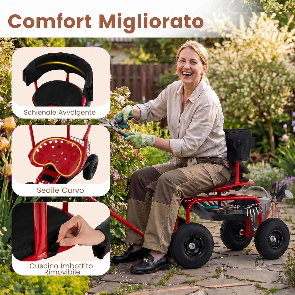 Carrello da Giardino, Sgabello con Ruote Girevole a 360°, Cuscino Imbottito, Schienale, Cestino, Tasca e Vassoio Porta Attrezzi, Carriola da Giardino e Cortile, 96 x 46 x 78-87 cm (Rosso)