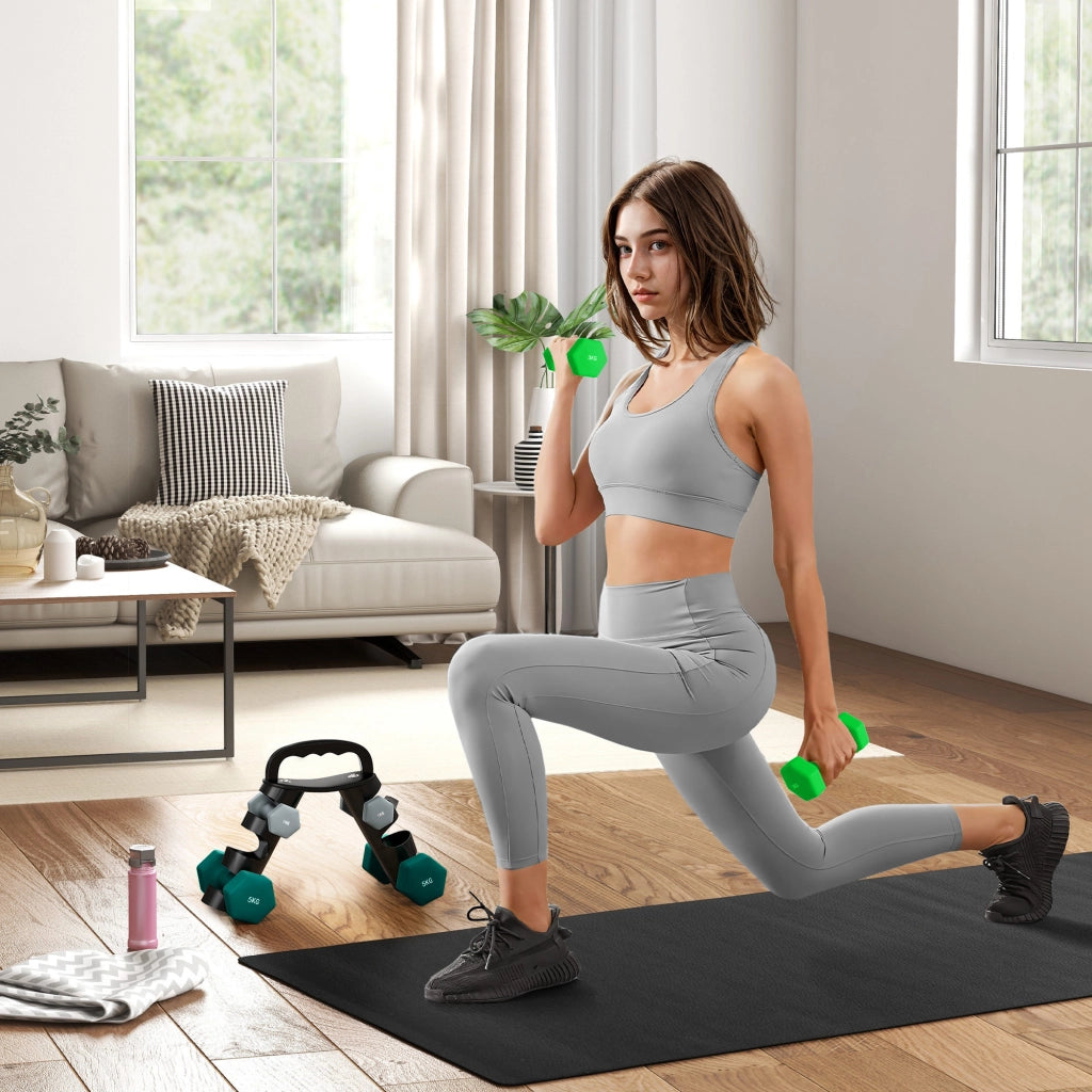 Set 6 Pesi Manubri con Supporto Coppie da 1-3-5 Kg in Metallo Verde e Nero