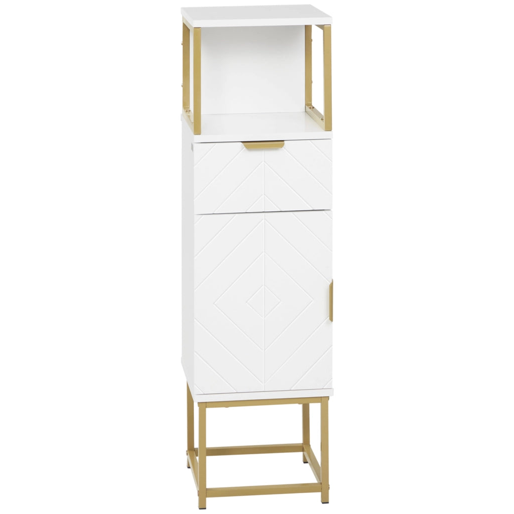 Mobile Bagno con Cassetto, Armadietto e Ripiano ¨C zephmum ¨C Legno e Metallo, Bianco, 30x30x105cm