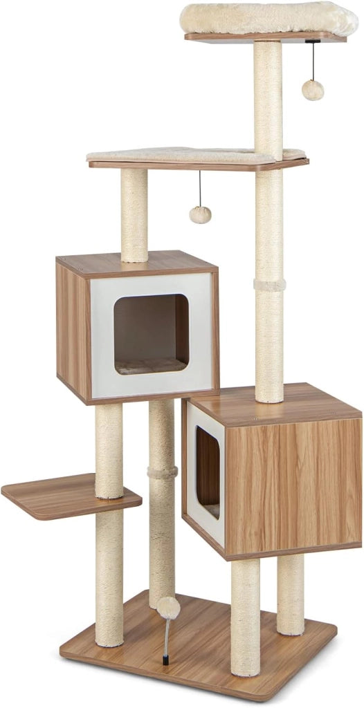 Tiragraffi per Gatti di Legno 163 cm, con Tiragraffi in Sisal, Cuscini Lavabili, Trespolo, 3 Palline e 2 Cuccia, Albero Tiragraffi per Gatti di Piccole e Grandi Dimensioni