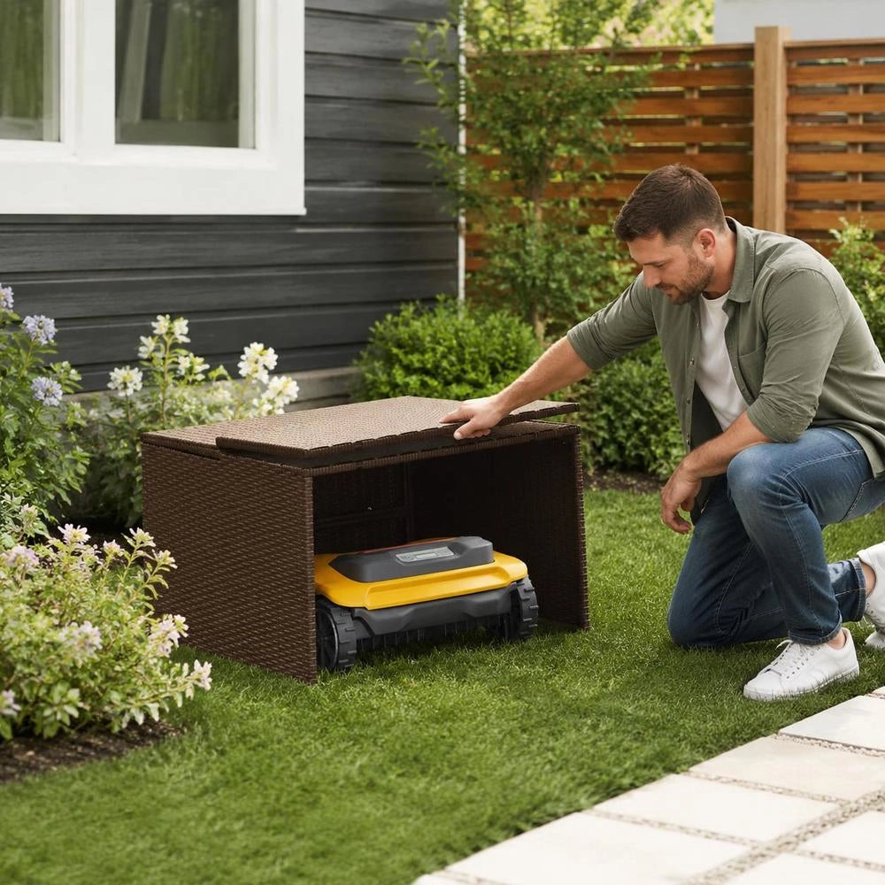 Robotic Lawnmower Garage, Brown, 86x90x52/57 Cm, Poly Rattan