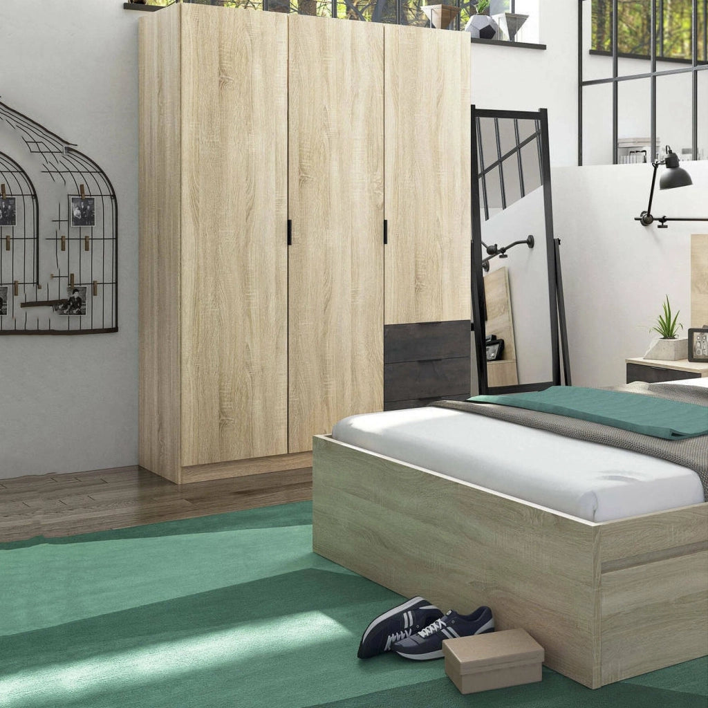 Guardaroba Apaches, Armadio per camera da letto a 3 ante e 3 cassetti, Mobile con barra appendiabiti e 3 ripiani cm 121x80h180, Rovere e Ossido