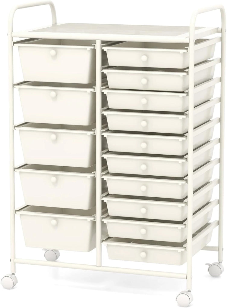 Carrelli Porta Oggetti, con 10+5 Cassetti Impilabili, 2 Ruote Bloccabili, Braccioli Metallici, Portabile e Pratico, per Ufficio, Studio, Cucina,Bagno, 5 Colori Disponibili, 62,5x37x87 cm