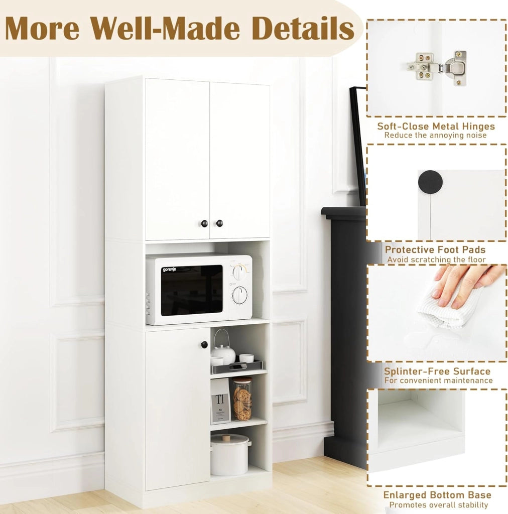 Credenza Alta da Cucina 166 cm, Mobile Cucina Dispensa con 3 Porte, 2 Cassetti e 4 Ripiani Aperti, Mobile Buffet Multifunzionale per Bagno, Soggiorno, Sala da Pranzo, 60×33×166 cm (Bianco)
