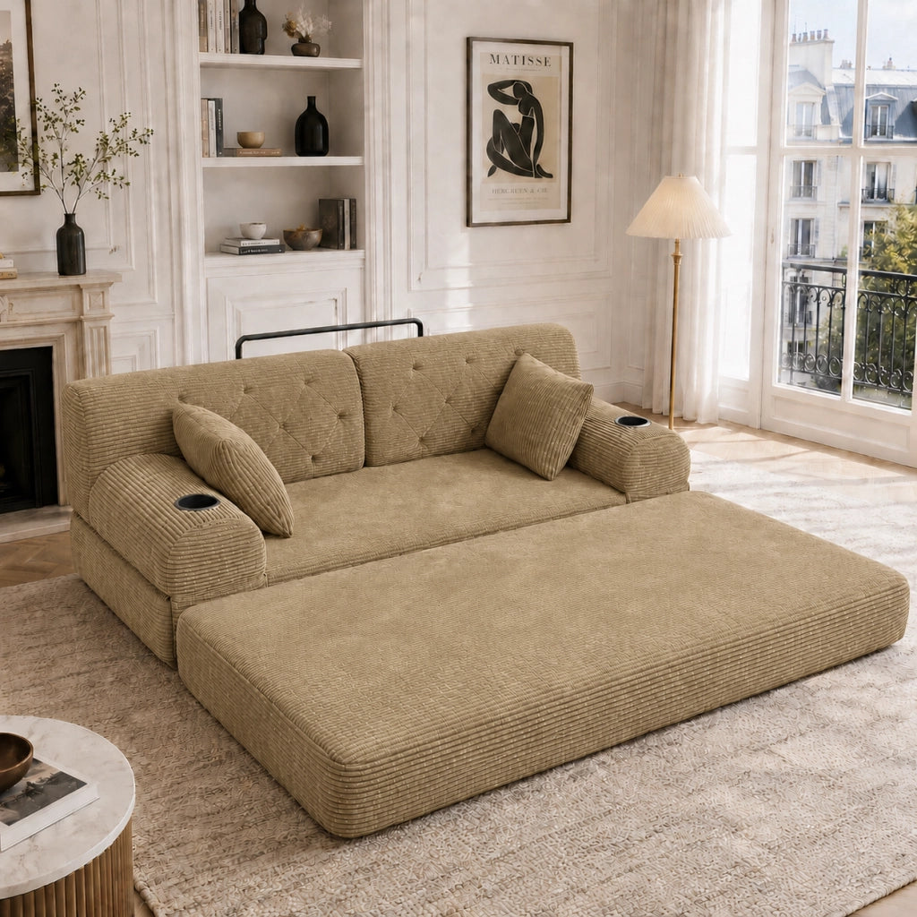 Divano letto 2 posti con schienale alto, tasche laterali e portabicchieri in velluto a coste khaki 168 × 80 × 81 cm