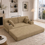 Divano letto 2 posti con schienale alto, tasche laterali e portabicchieri in velluto a coste khaki 168 × 80 × 81 cm