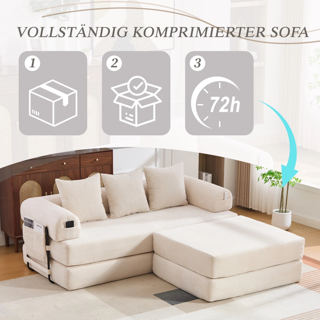 DIVANO modulare in velluto a coste 200x190x67 cm beige con pouf e 3 cuscini