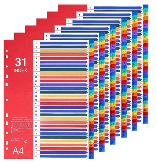 Binditore A4 31-delig - 6-pack - Kunststof - Geperforeerd 11-gaten - Veelkleurige tabbladen - 22,5 x 30 cm - Scheider per Ordinatore