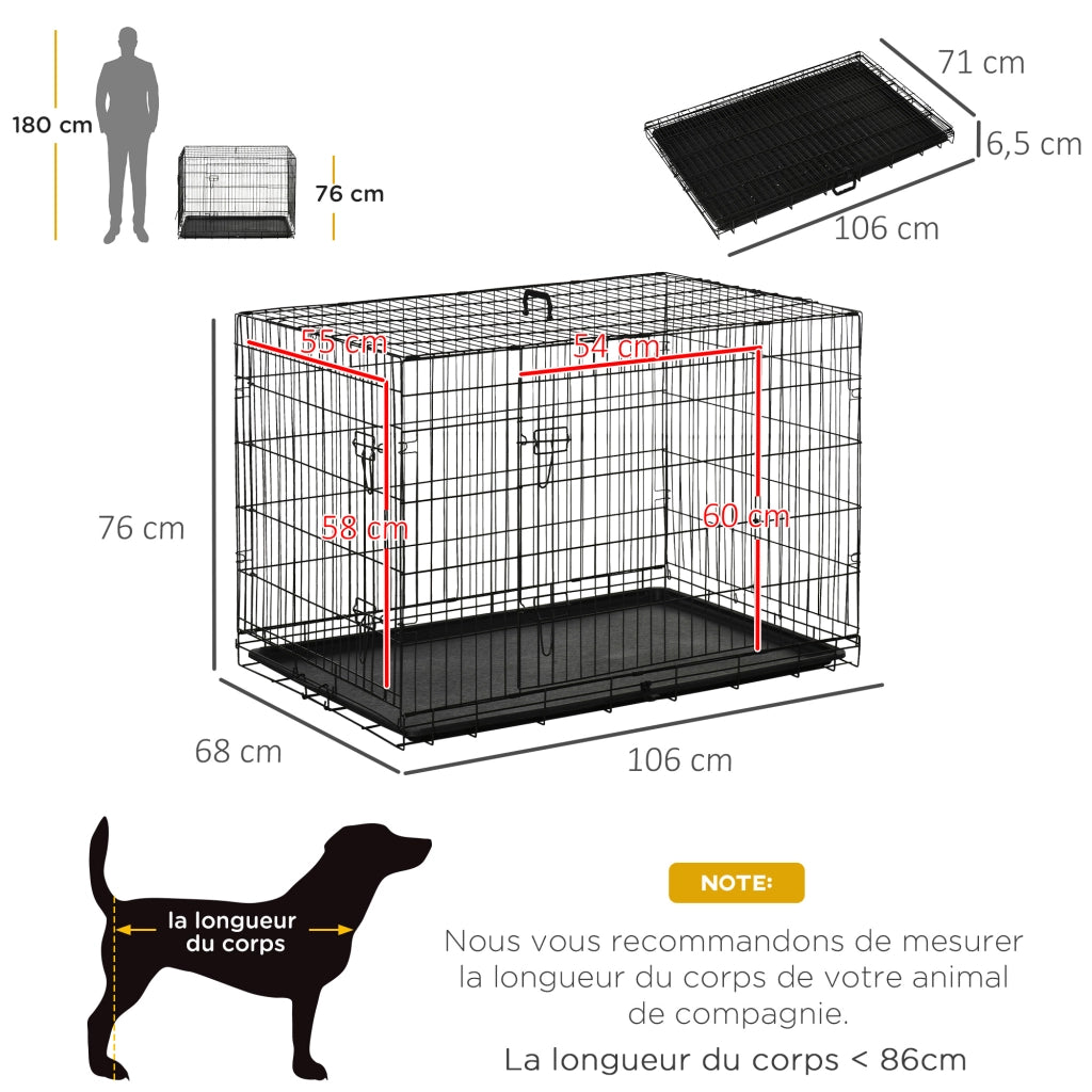 Gabbia trasportino pieghevole per cani ¨C Xylo ¨C acciaio 2 porte 106x71,5x76cm nero
