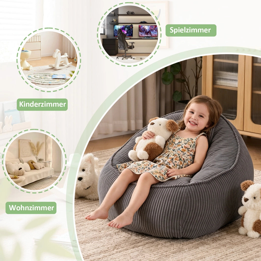 Pouf in velluto a coste con forma ergonomica e facile manutenzione per bambini grigio 40.0 × 31.0 × 20.0 cm