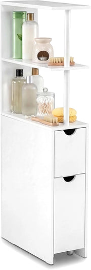 Mobile da Bagno Salvaspazio, Mobiletto Stretto e Autoportante con Ripiani Aperti, Cassetto Scorrevole e Carrello Estraibile, Mobiletto a Terra in Legno per Cucina, 45 × 20 × 114 cm