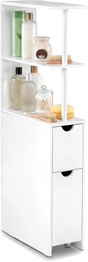 Mobile da Bagno Salvaspazio, Mobiletto Stretto e Autoportante con Ripiani Aperti, Cassetto Scorrevole e Carrello Estraibile, Mobiletto a Terra in Legno per Cucina, 45 × 20 × 114 cm
