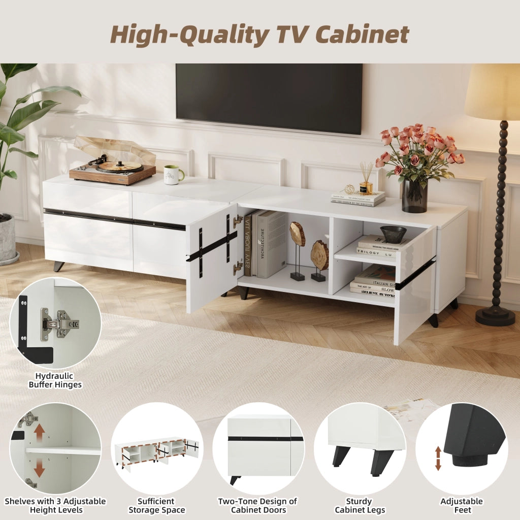 Mobile porta TV con 4 ante e ripiani regolabili finitura lucida per soggiorno in MDF bianco 180 × 40 × 49 cm