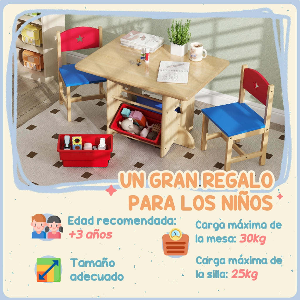 Tavolo per Bambini con 2 Sedie e 4 Cestini ¨C zephmum ¨C Naturale