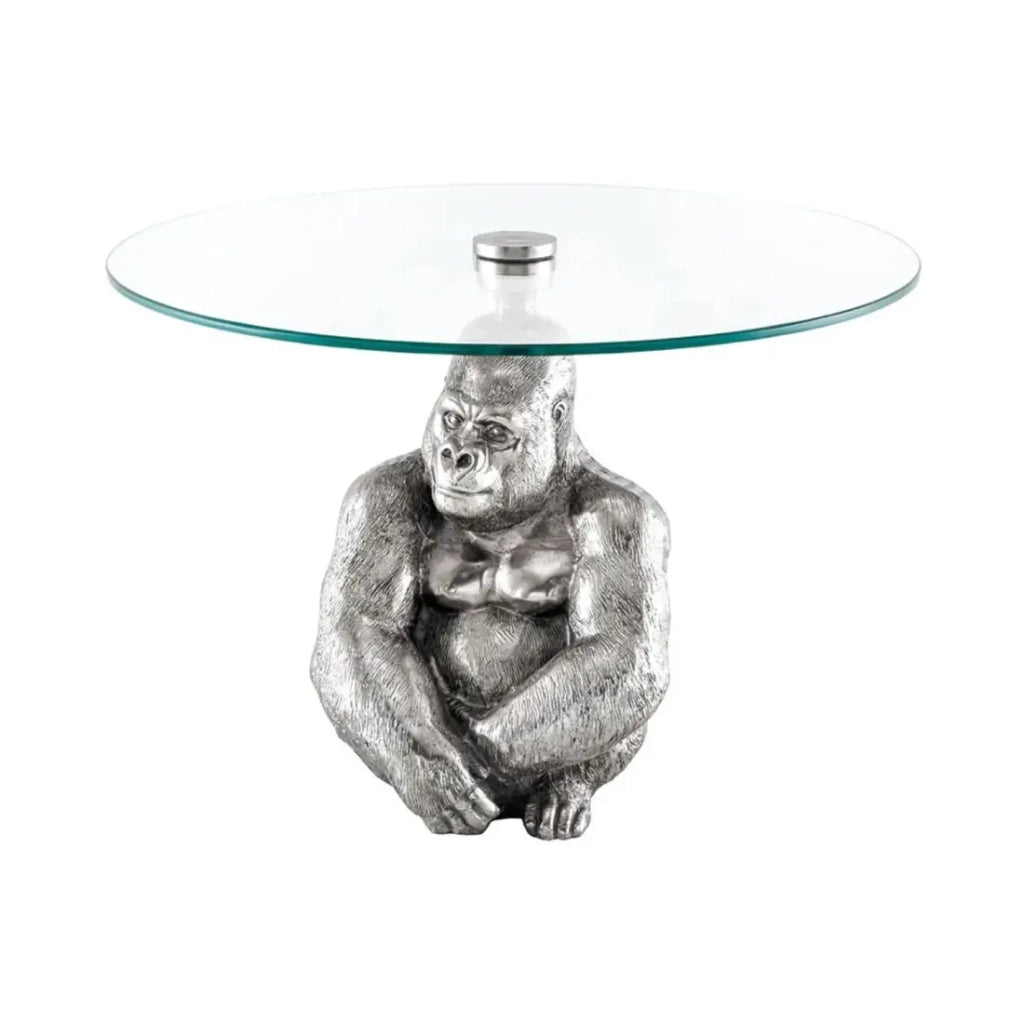 Tavolino basso GORILOX rotondo 60 cm in alluminio argentato e vetro temperato