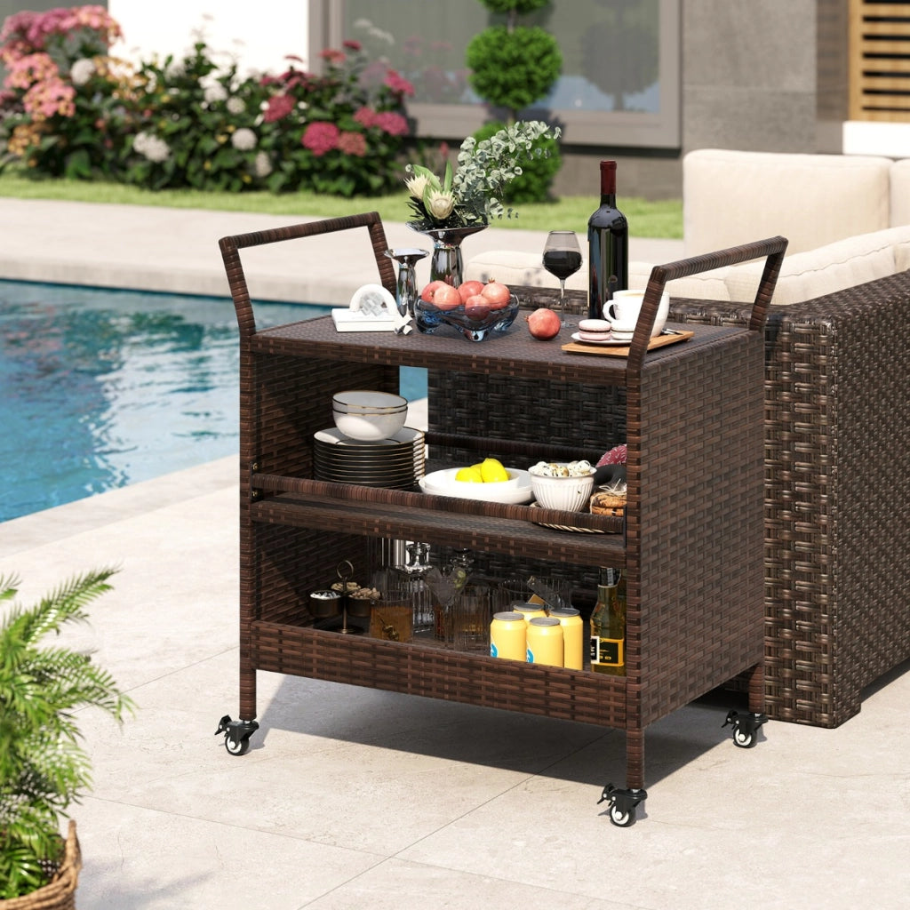 Carrello da bar da esterno con mensola di stoccaggio in vimini da 3 livelli, Tavolino da servizio su ruote per giardino Marrone-Accessori per barbecue