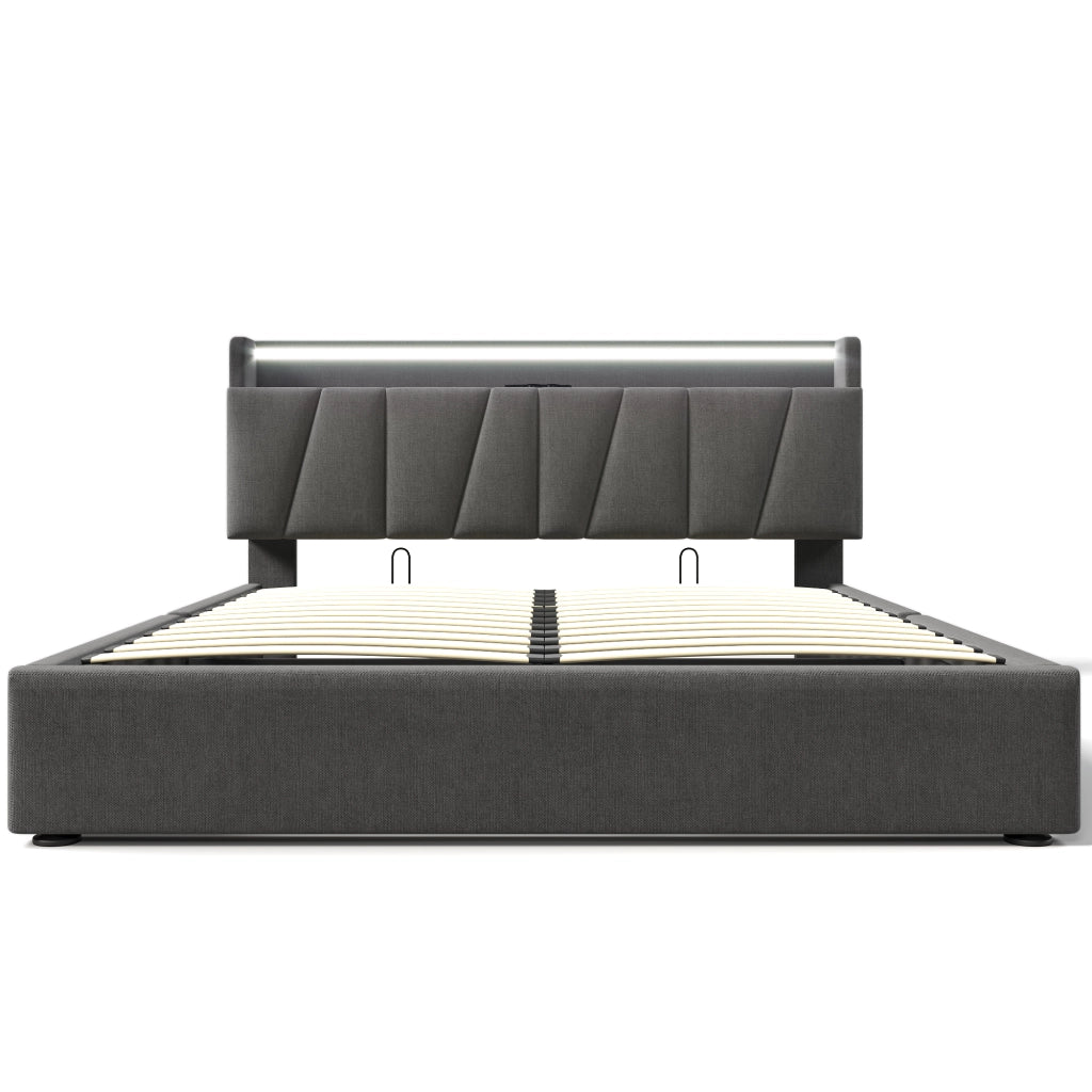 Letti contenitori 140x200 cm; testiera contenitore con prese e USB; lino; grigio (Senza materasso)