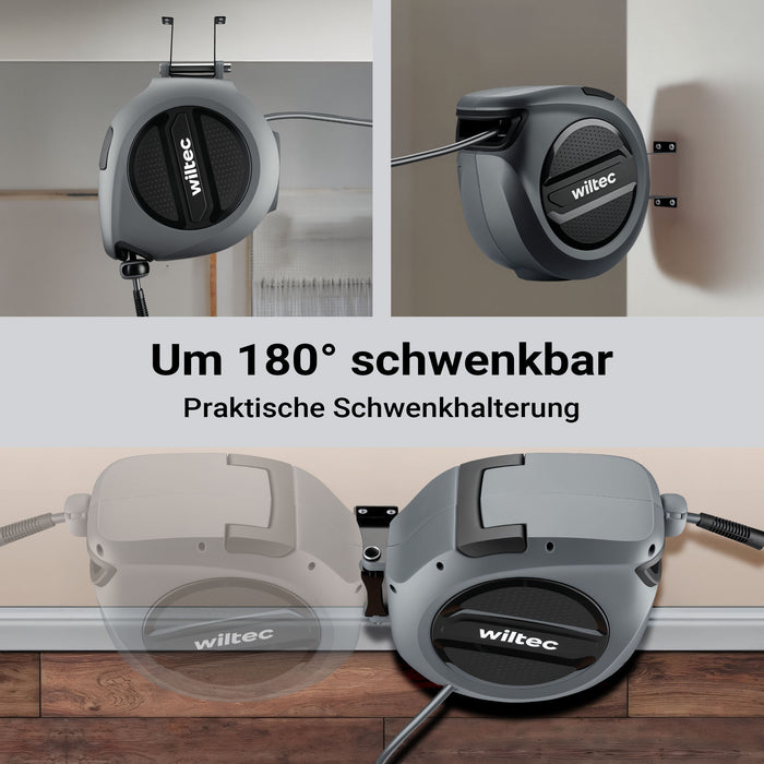 Avvolgitubo automatico per aria compressa 20 m, avvolgitubo in acciaio, 17 bar, con supporto girevole a 180°