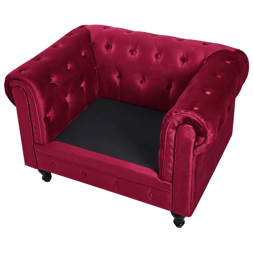 Poltrona Chesterfield Tessuto Velluto Rosso Scuro Rivestimento Gambe Legno Scuro Contemporaneo