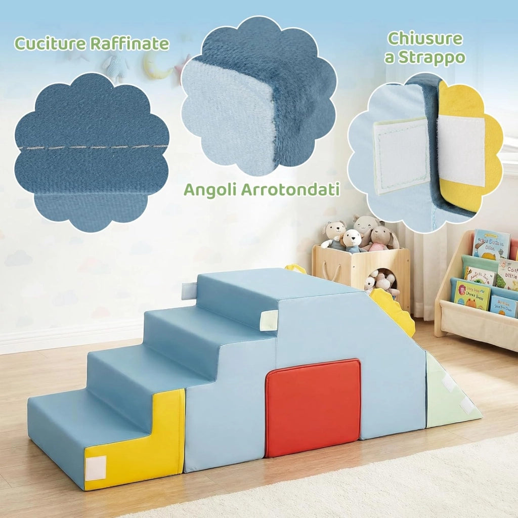 Set di 4 Blocchi da Arrampicata con Scivolo e Scale, Blocchi Morbidi in Schiuma per Gattonare, Coperture in Velluto, Set Tavolo e Sedia Convertibile per Cameretta