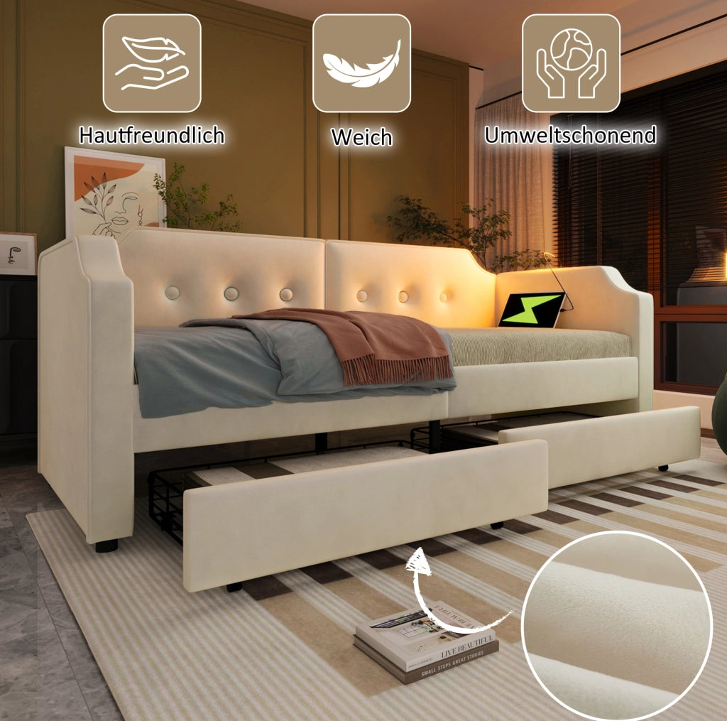 Letto singolo imbottito 90x200 cm in velluto beige con USB Type-C; lampada da lettura e 2 cassetti