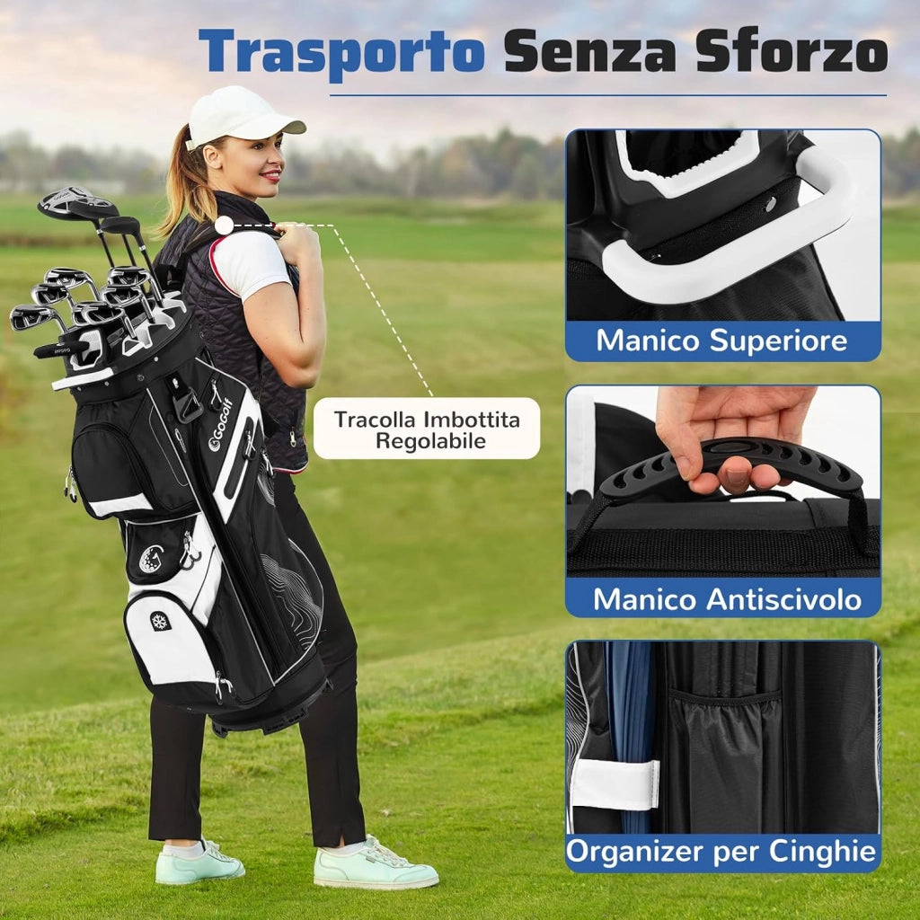 Borsa Carrello da Golf, Sacca da Golf con Serratura e Divisori a 14 Vie, 11 Tasche, Sacca Isolante, Tracolla Imbottita, Maniglie, Porta Ombrello e Cappuccio Antipioggia