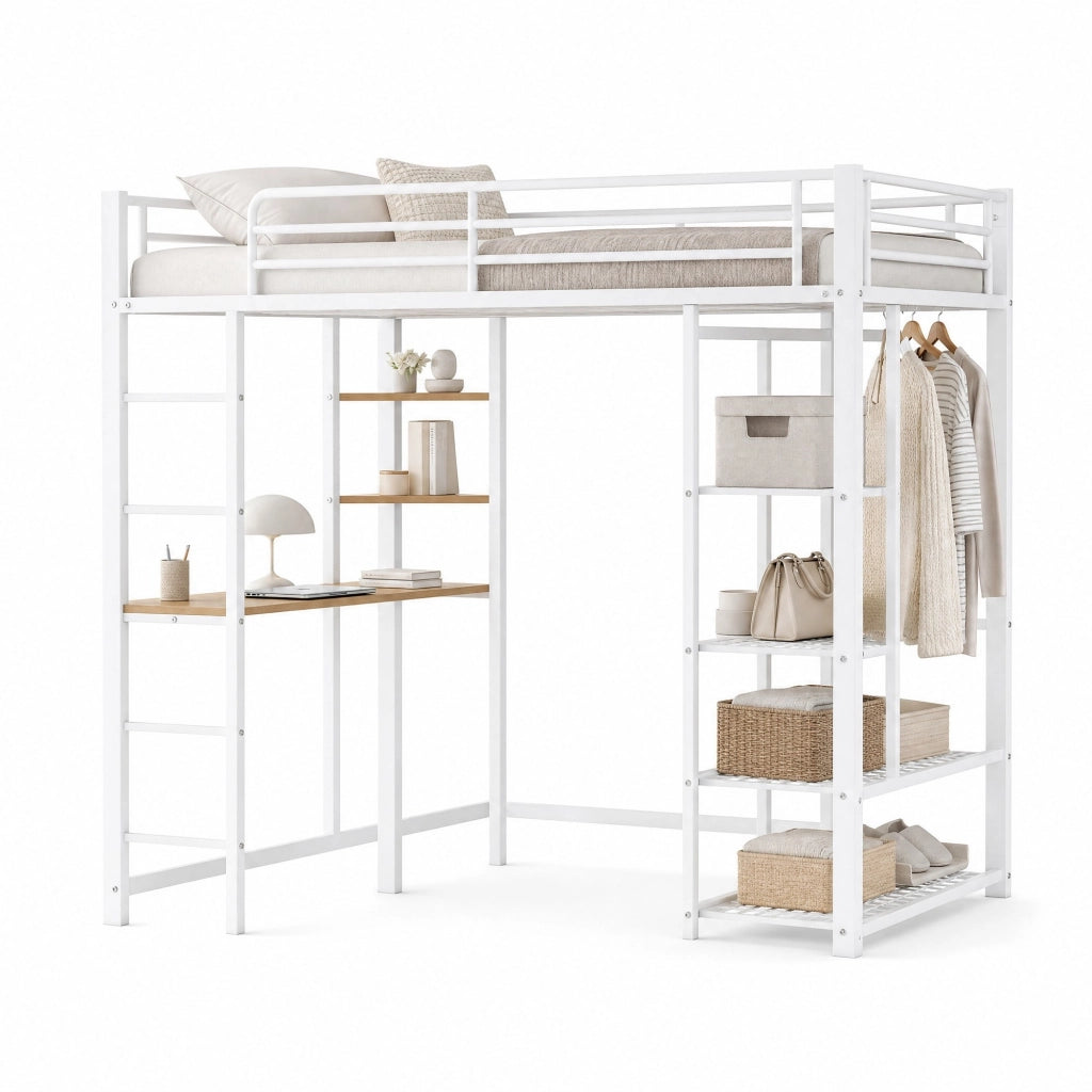 Letto a soppalco in metallo bianco 140x200 cm con scrivania, scaffali e vano guardaroba