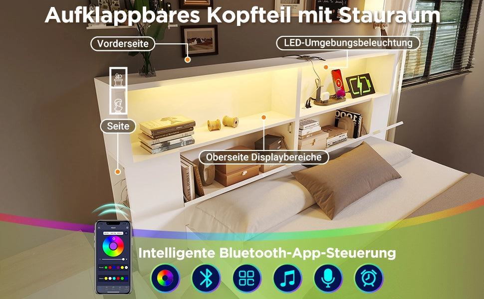 Letto Contenitore 140x200 in Legno con LED, Cassetti e Rete a Doghe ¨C MINIMAL ¨C Bianco