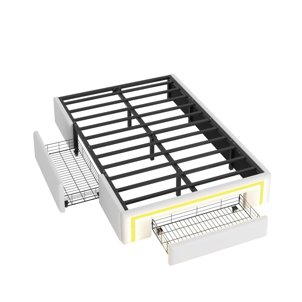 LETTO 90x200 cm senza testiera con cassetti, LED, PU bianco