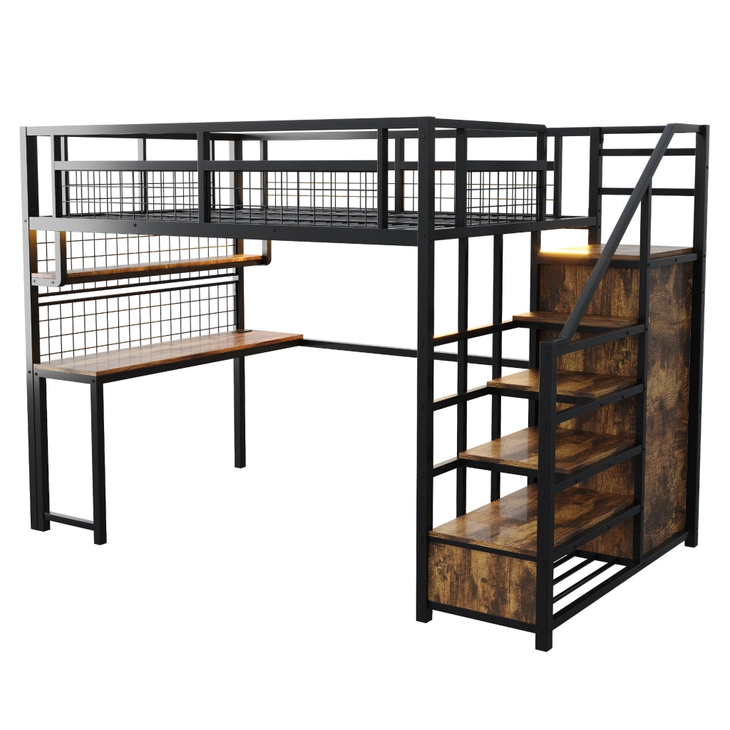 Letto a soppalco 140 × 200 cm con scrivania, scaffale, armadio, luci LED e prese, senza materasso, nero