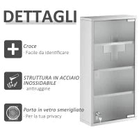 Armadietto Medicinale Cassetta Porta Medicina a Quattro Ripiani in Acciaio Inox 30 x 12 x 60cm