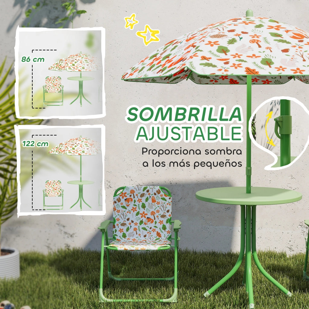 Set Giardino Pieghevole Bambini con 2 Sedie Tavolo e Ombrellone Aggiustabile ¨C zephmum ¨C Verde