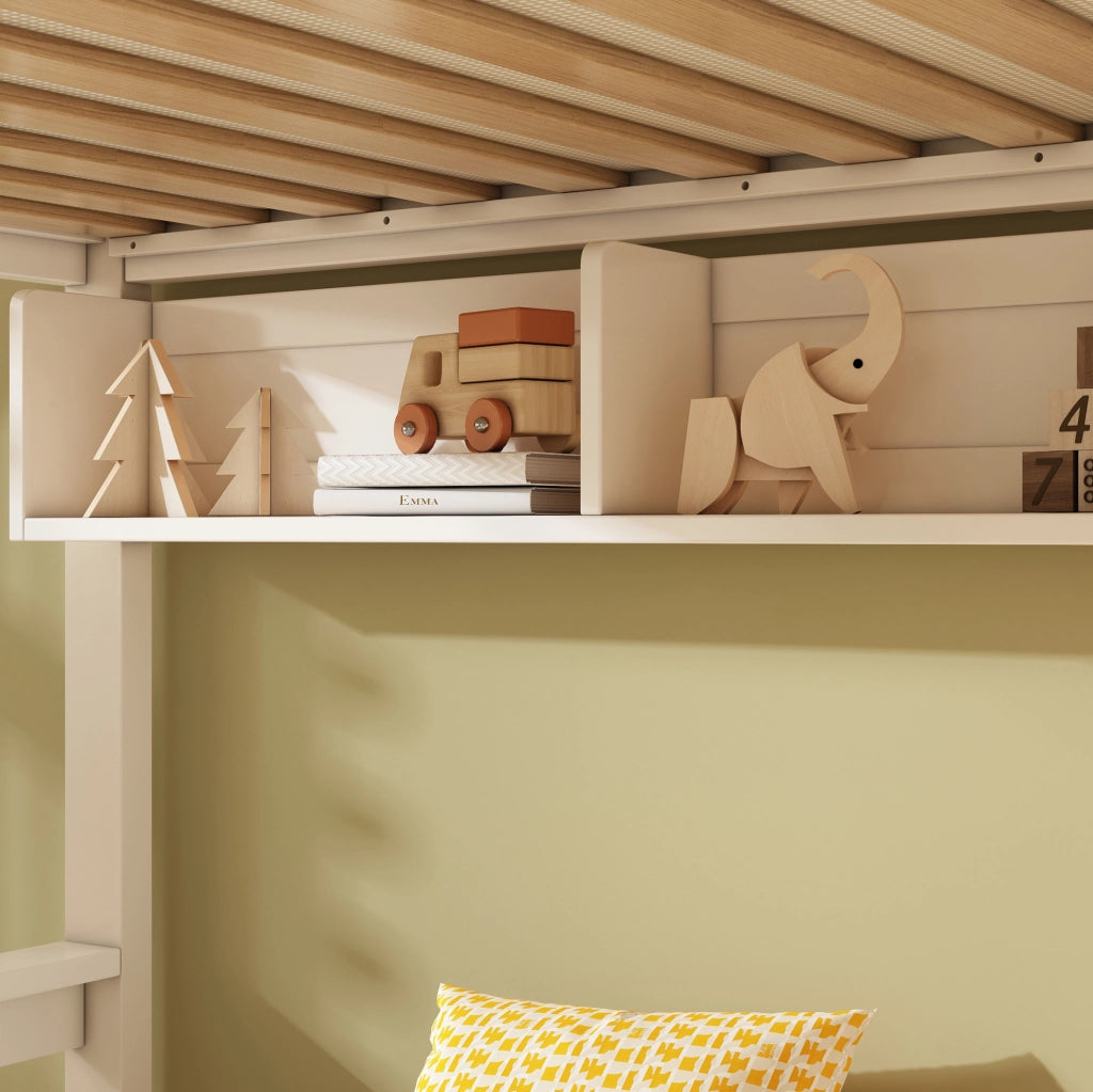 Letto a castello ULEVR 90x200 e 140x200 cm con scala contenitore, cassetti e lavagna, bianco