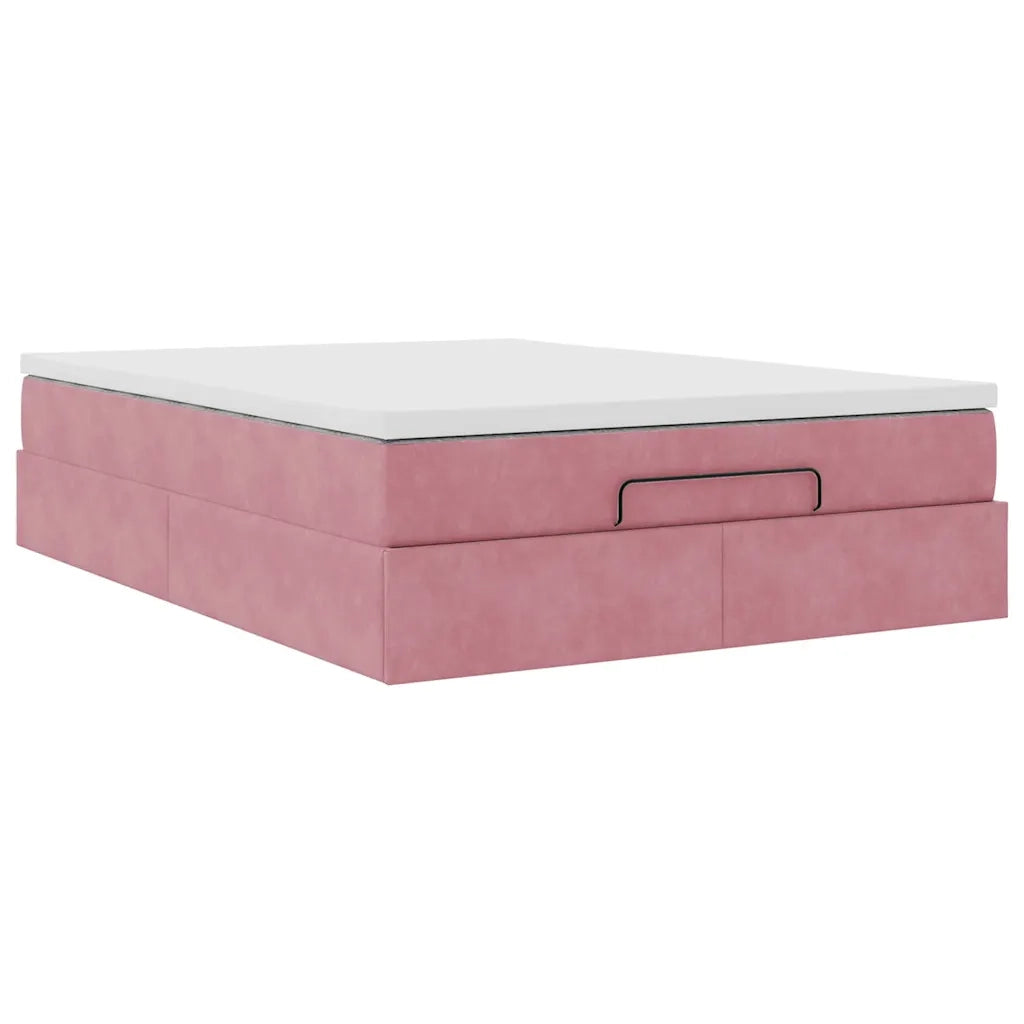 Struttura Letto Pouf con Materasso Rosa 140x200 cm in Velluto 3311194