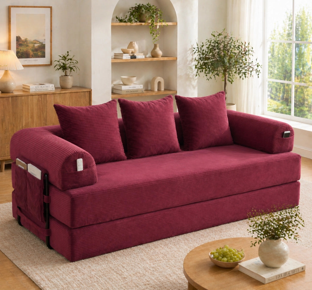 Divano modulare in velluto a coste rosso vino con 3 cuscini; 200x94x67 cm