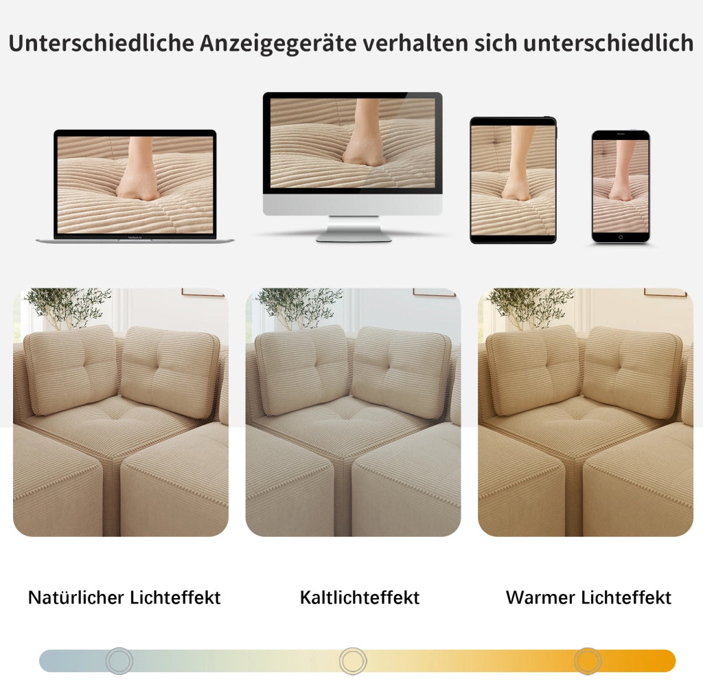 Divano angolare modulare in velluto a coste beige 297x104x69 cm con seduta profonda